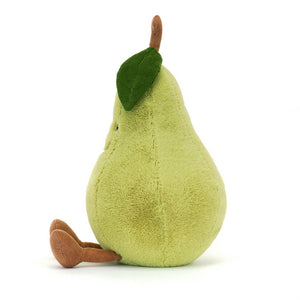 Jellycat Amuseable Pear plush toy in profile. Chubby and soft with a brown corduroy stalk and leaf. Ideal for playtime and cuddling.