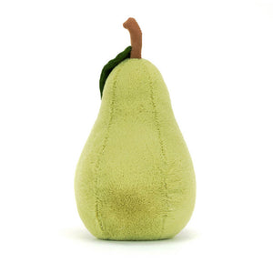 Jellycat Amuseable Pear plush toy showing back. Soft green with a brown corduroy stalk and a touch of brown peeking out at the bottom, representing the base of the pear. Perfect for hugging and imaginative play.