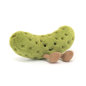  close-up photo of the Jellycat Amuseable Pickle plush toy, showing its bright green body, embroidered freckles, nutty cord boots,