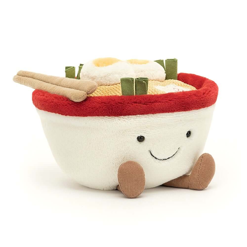 Slurp up cuteness with the Amuseable Ramen! This plush features a red & cream bowl, wavy cord noodles, & adorable toppings like eggs & fish cake. Perfect for foodies & kawaii lovers!