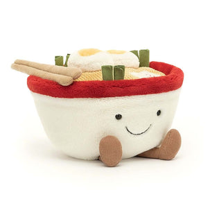 Slurp up cuteness with the Amuseable Ramen! This plush features a red & cream bowl, wavy cord noodles, & adorable toppings like eggs & fish cake. Perfect for foodies & kawaii lovers!