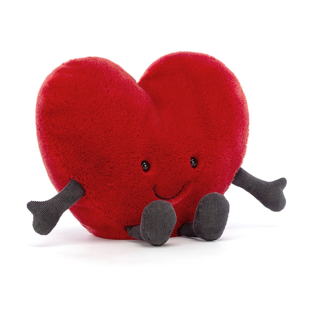 Jellycat Amuseable Red Heart with button eyes, stitched smile and little corded arms and legs.