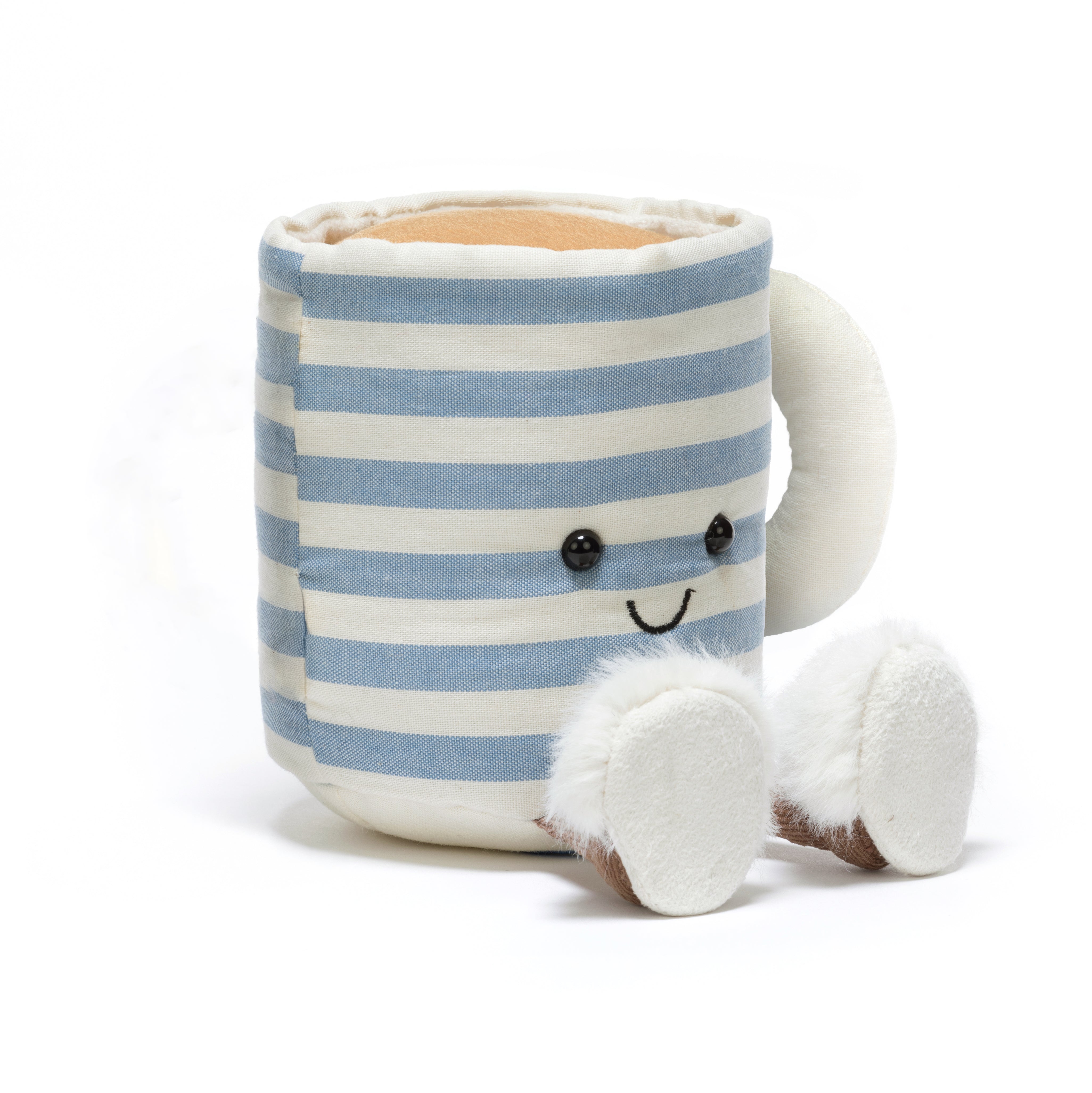 Rosie Lea mug of tea plush three-quarter view with slipper boots on white background