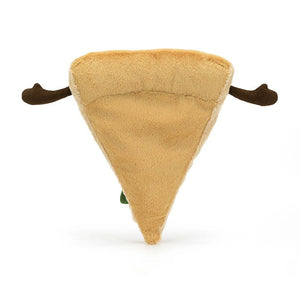 From behind the Jellycat Amuseable Slice of Pizza children's soft toy.