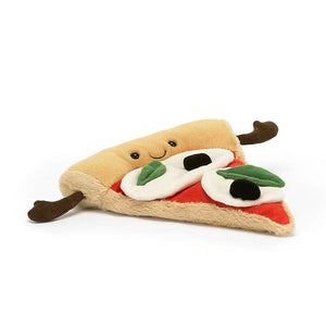 Children's soft toy in the shape of a slice of pizza with mozzarella cheese, basil and olives.