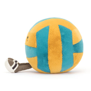 Side profile of the Jellycat Amuseables Sports Beach Volley (26cm tall), showing its full volleyball design, thickness for cuddling, and little corded legs with sandals ready for beach adventures.