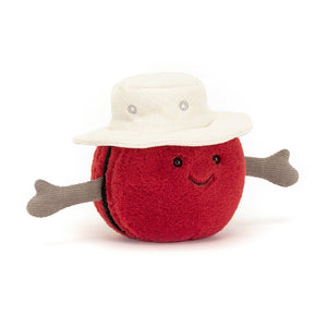 Jellycat Amuseable Sports Cricket Ball with red fur, wearing a sun bleached hat and corded brown hands, with thumbs up. 