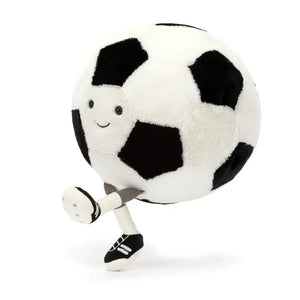 Jellycat Amuseable Sports Football with its legs in the position like it is playing sports.