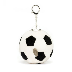 Side View: A perfect cuddle for football fans! The Jellycat Sports Football Bag Charm is a soft and cuddly companion with a secure clasp for attaching to bags.