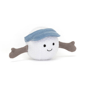 Children's soft toy from Jellycat in the shape of a gold ball wearing a blue visor.