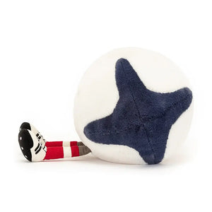 Dive into the details! See the Jellycat Rugby Ball's contrasting fur, striped socks, and embroidered boots from the side. A unique and cuddly gift for sports fans & animal lovers.