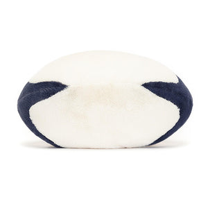 Don't miss the back! The Jellycat Rugby Ball showcases its cream fur, striped socks, and embroidered details, making it a sophisticated plush from any angle.