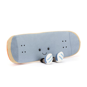 Adorable Jellycat Amuseables Sports Skateboarding facing front, highlighting its embroidered facial features and skateboard shape.
