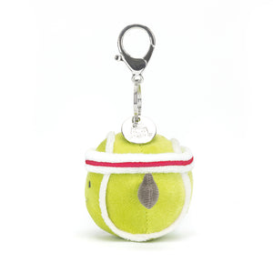 Side View: A perfect squeeze for tennis lovers! The Jellycat Sports Tennis Bag Charm is a soft and cuddly companion with a secure clasp for attaching to bags.