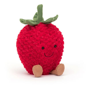 Children's soft toy from Jellycat shaped like a bright red strawberry.