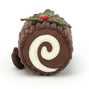 Side View: Don't Forget the Sides! The Jellycat Amuseable Yule Log Boasts Soft Fur, Stitchy Sugar & Bobbly Cord Feet.