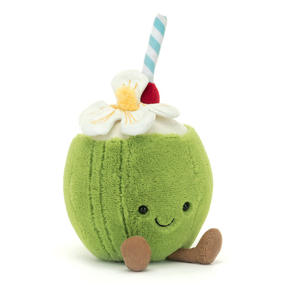 Front view of Jellycat Amuseables Aruba Coconut soft toy, featuring a green coconut plush with smiling face, tropical flower, cherry, and blue striped straw.
