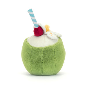 Back view of Jellycat Amuseables Aruba Coconut toy with white plush top, red cherry, yellow stamen flower, and blue striped straw detail.
