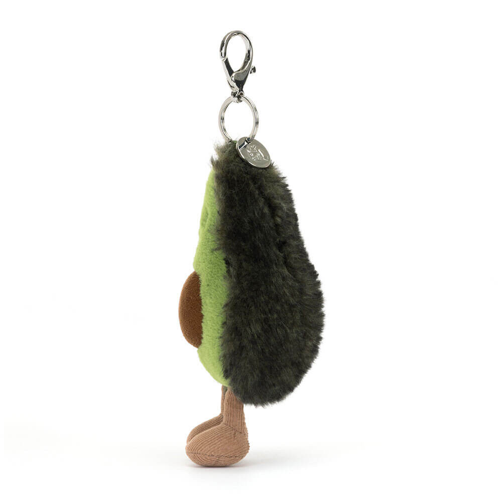 Side view of Jellycat Amuseables Avocado Bag Charm showing its fluffy avocado shape and sturdy clasp.