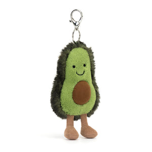 Front view of Jellycat Amuseables Avocado Bag Charm with a cheerful smile and soft plush texture.