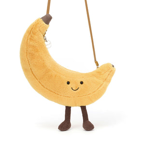 Jellycat Amuseables Banana Bag plush toy, showcasing its bendy shape and vibrant colours.