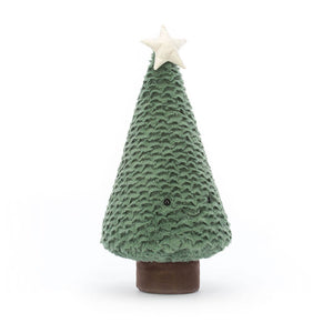 Jellycat Amuseables Blue Spruce Christmas Tree plush toy with soft green fur, a smiling face, and a festive pot base, shown from the front .