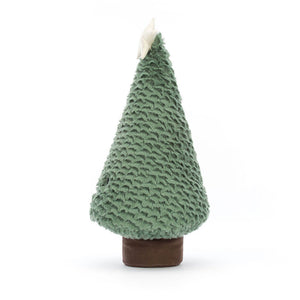 Side profile of Jellycat Amuseables Blue Spruce Christmas Tree, highlighting its textured green fur and whimsical pot base design.