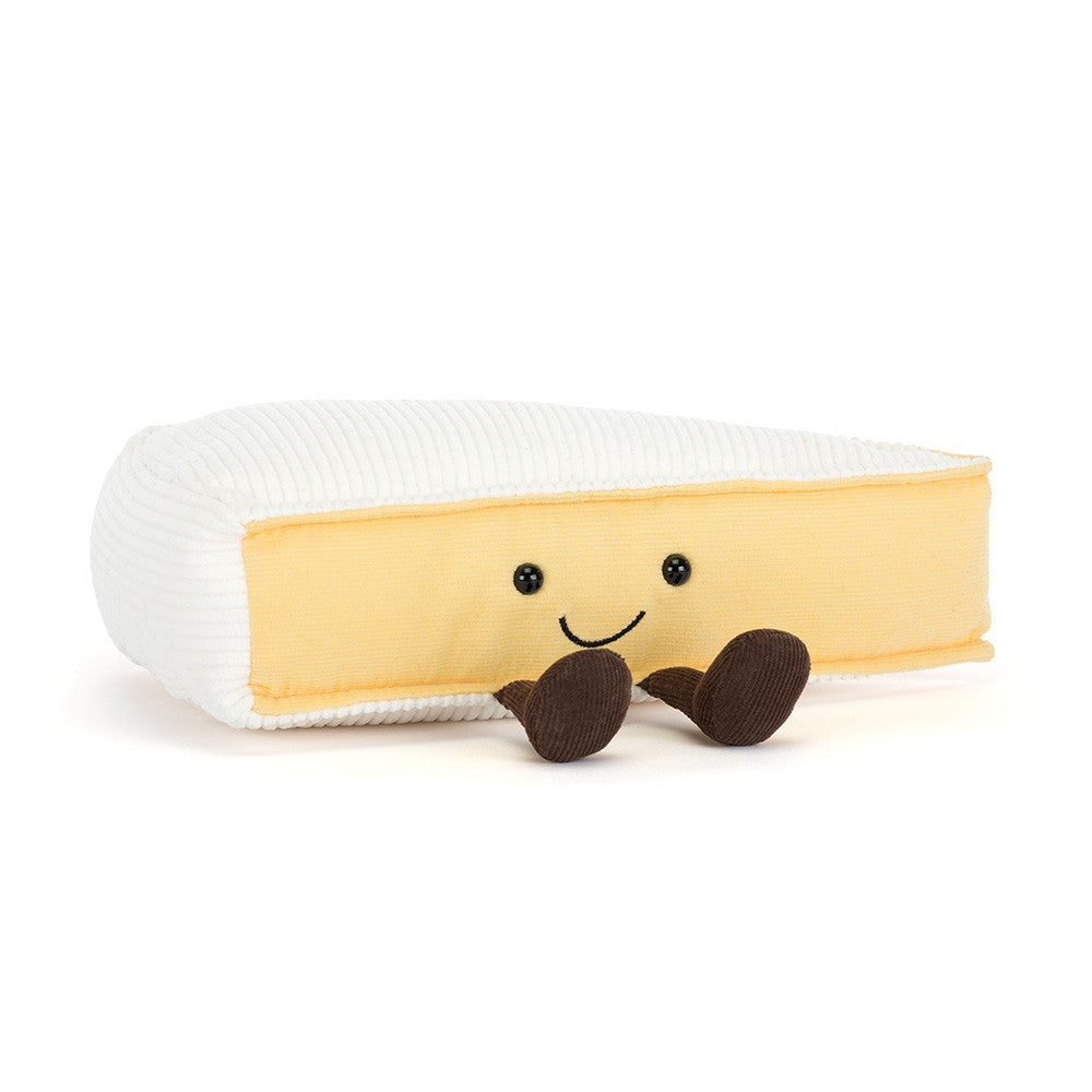 Jellycat Amuseables Brie plush toy with smiling face and cordy rind, front view.