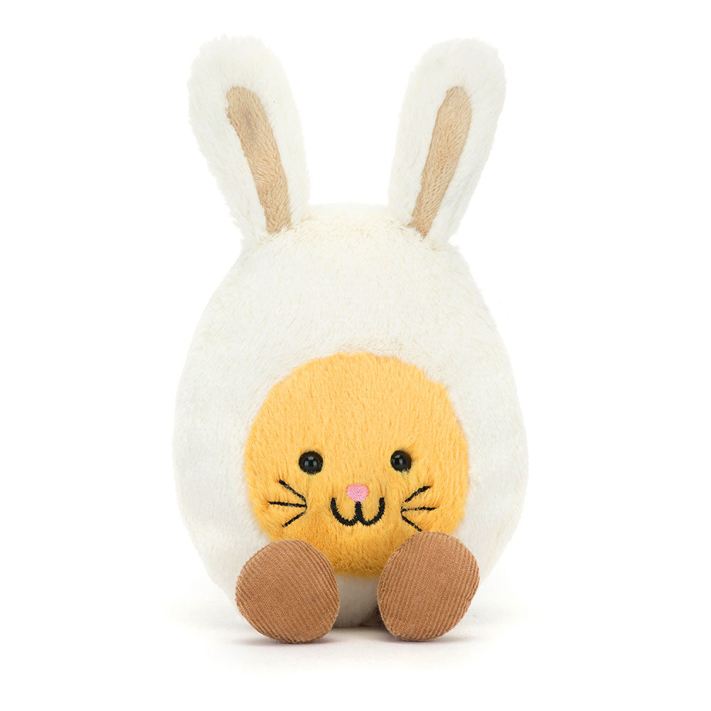 Front view of the Jellycat Amuseables Bunny Egg with bunny ears and a smiling face.