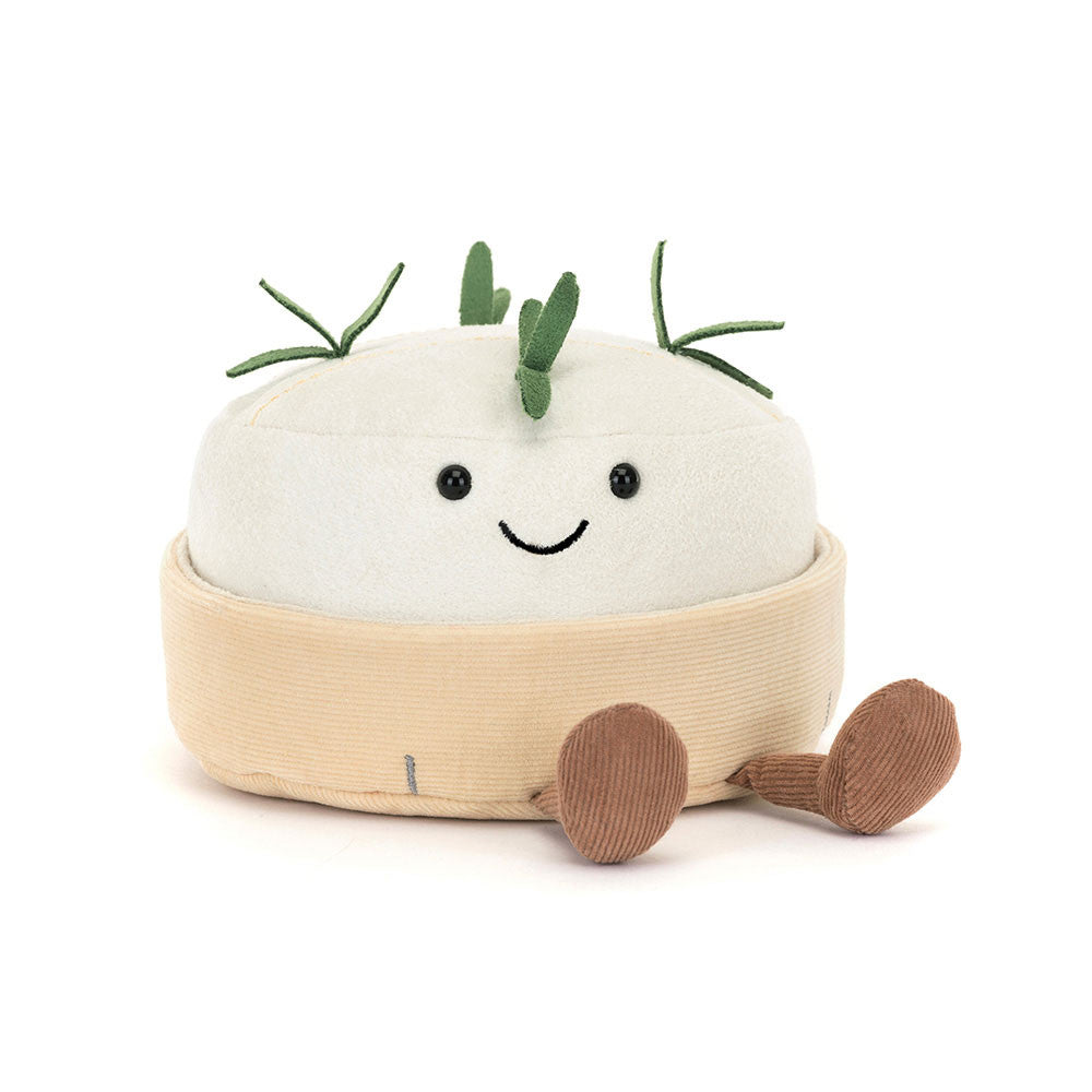 Front view of Jellycat Amuseables Camembert plush toy with smiling face and cordy brown legs.