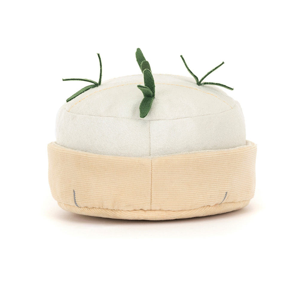 Back view of Jellycat Amuseables Camembert plush toy with soft cream body and beige base.