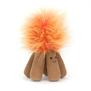 Angled View: Cosy nights in! The Jellycat Amuseables Campfire sits tilted, showcasing its chunky corduroy logs in vibrant orange and brown, realistic flame details in red and amber.