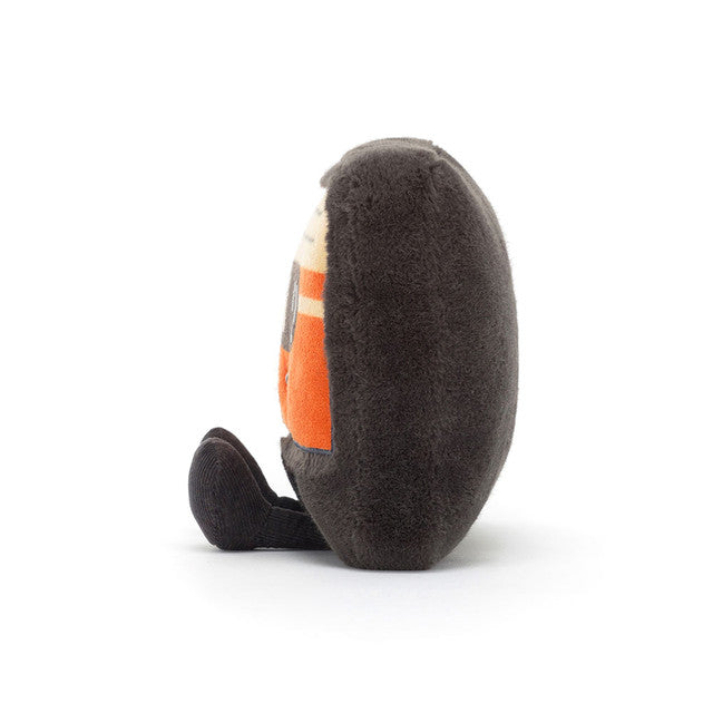 Side View: Side profile of the Jellycat Amuseables Cassette Tape. Highlights the 16 cm size, ideal for small hands, the fluffy texture perfect for hugging, and the embroidered details that bring the retro vibe to life! 