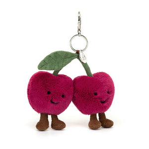 Front view of Jellycat Amuseables Cherries Bag Charm featuring two plush cherries with smiling faces.