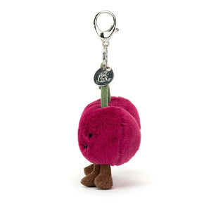 Side view of the Jellycat Amuseables Cherries Bag Charm showing the soft plush material and detailed leaves.