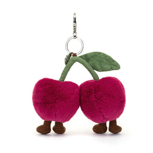 Back view of the Jellycat Amuseables Cherries Bag Charm with brown stalk and green leaf details.