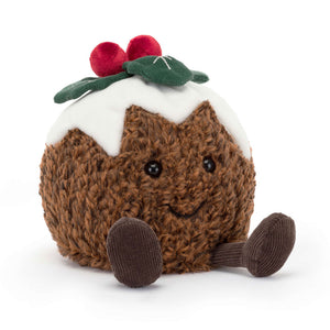 Festive Feast for Cuddles! The Jellycat Amuseable Christmas Pudding with Two-Tone Fur, Cream Drizzle & Stitched Leaves.