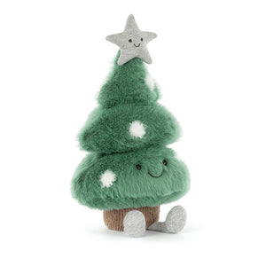 Jellycat Amuseables Christmas Tree plush with smiling face, silver star topper and fluffy green branches.