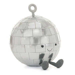 Angled View: Get ready to boogie! The Jellycat Amuseables Disco Ball sits tilted, showcasing its dazzling silver patches, sparkly jersey dancing boots, and a grey hanging loop. Light up playtime!