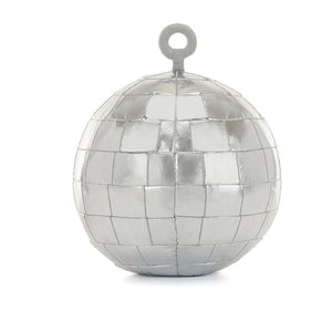 Back View: Backside of the Jellycat Amuseables Disco Ball showcases the grey hanging loop and the dazzling silver patches.