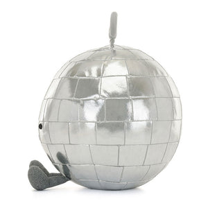 Side View: Side profile of the fun Jellycat Amuseables Disco Ball. Highlights the reflective silver patches that add a touch of disco magic!