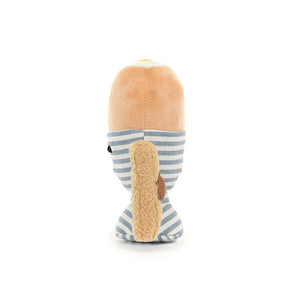 Side view of Jellycat Amuseables Eggetha Egg & Lance Soldier, showcasing Eggetha’s rounded egg shape with soft pastel colours and Lance’s bold, knightly design, highlighting their plush textures and whimsical details. 