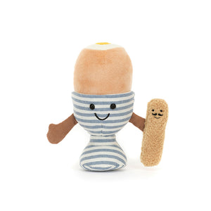 Front view of Jellycat Amuseables Eggetha Egg & Lance Soldier side by side, showcasing their whimsical designs.