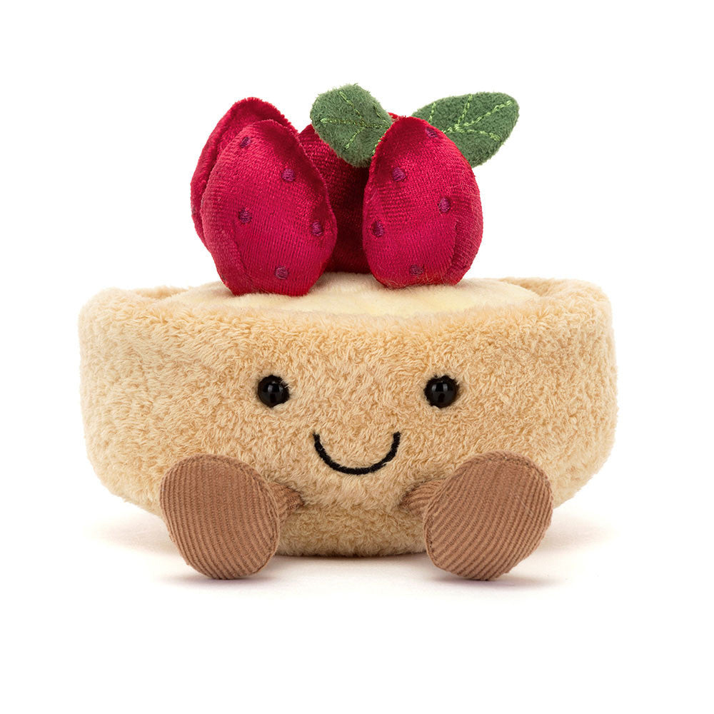 Close-up of Jellycat Amuseables Fleurette Tarte Aux Fraises plush toy, highlighting embroidered details and corduroy feet.