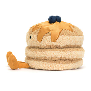 Side view of Jellycat Amuseables Fran Pancakes showing plush pancake layers and syrup details.