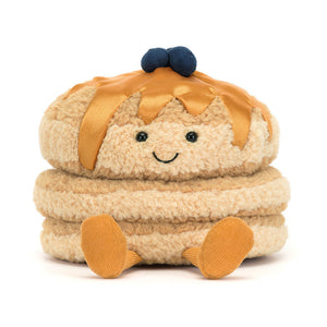 Close-up of Jellycat Amuseables Fran Pancakes, highlighting syrup details and corduroy legs.