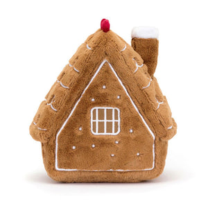 Back View: The back of a plush gingerbread house toy, revealing its soft, textured fabric and a small loop for hanging.
