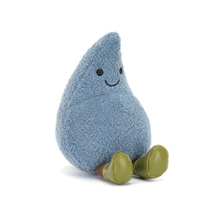 Front view of Jellycat Amuseables Happy Raindrop plush with soft blue fabric and smiling face.