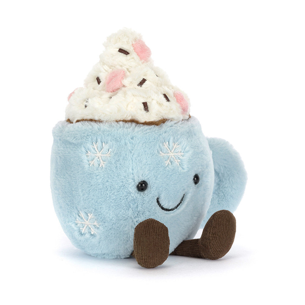 Jellycat Amuseables Hot Chocolate plush toy with whipped cream and marshmallows sitting upright on white background.