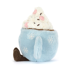 Side view of Jellycat Amuseables Hot Chocolate plush with handle and marshmallow detail.